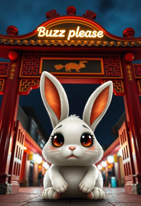 a traditional Chinese archway decorated with red and gold accents. Above the gate, "Buzz please" glows brightly in the night sky. 
An adorable bunny with huge shining eyes, begging sad expression,