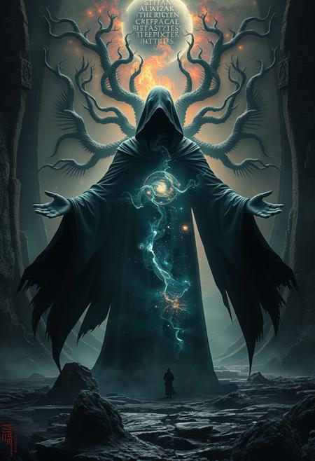 A universe inside a dark cloaked figure within mysterious landscape in an unfathomable realm of fantastic creation inhabited by ancient shadows of a forgotten time beyond the gate of the gateless gate where life is limitless, light is shadow and shadow is light, eerie sense, horror, spark of the beginning, existence and nonexistence at once, ethereal, outstretched arms, behold the end of the beginning, inglorious glory to the dark one, betrayal of the ancient order, beware the 7headed beast, destroyer of the old ways, bearer of the unbearable, nightmarish, archaic runes, tree aging backwards, breath of the gods, ruins of a place unimagined, extreme intricate detail, photorealistic, beyond epic scene, fate discarded, unseeable face of god, the end is the beginning, the beginning is the end