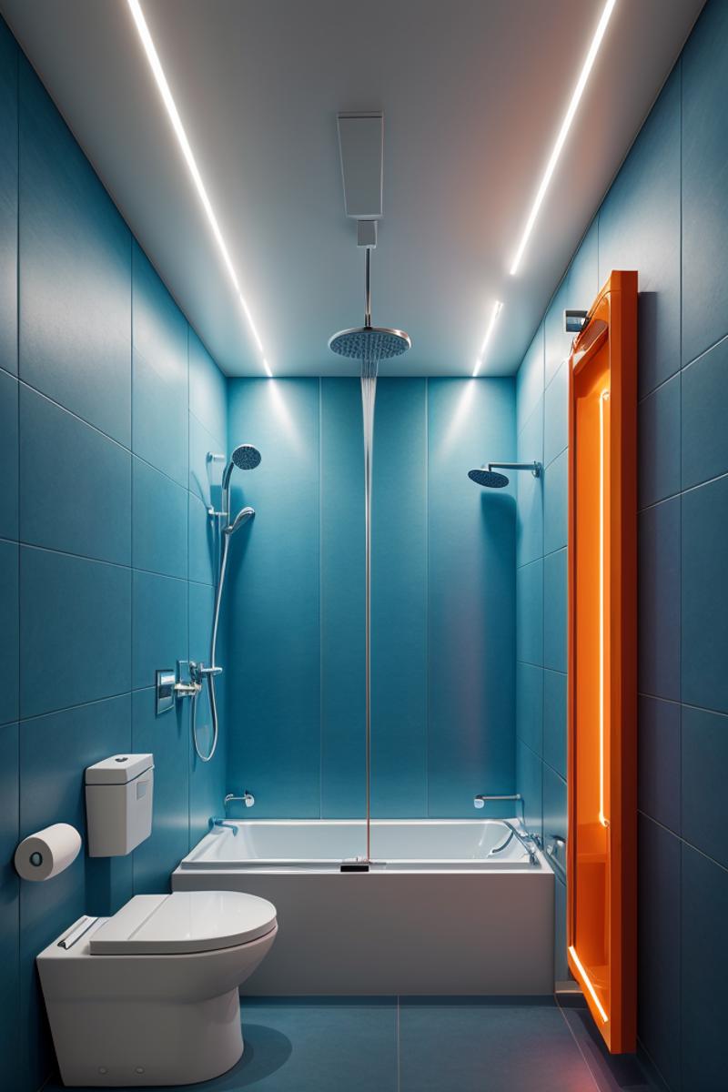 A bathroom with a blue and orange color scheme and a shower area with a glass door.