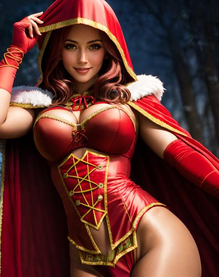 4K, Masterpiece, highres, absurdres, smiling,beautiful RHG, a woman in a red costume and a red cape ,wearing RHG,  <lora:RHG:1>