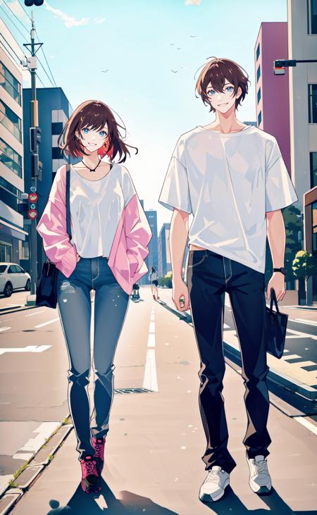 masterpiece, best quality, 2others, couple, 1man with 1woman, Height difference, happy, love, smile, casual clothes, oversized shirt, modern urban street