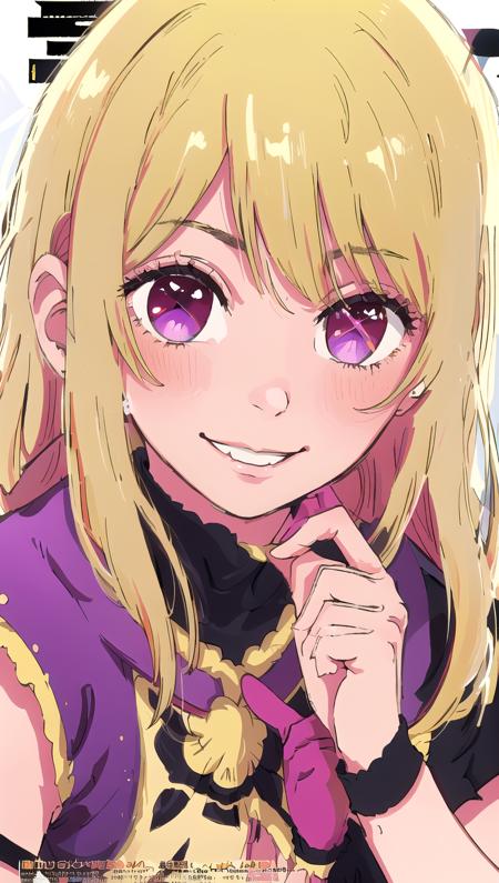 ruby hoshino, blonde hair, extremely detailed, detailed eyes, + +, purple eyes, upper body, cover, looking at viewer, smile, long hair,  magazine cover, <lyco:Ruby3:0.7> (masterpiece, best quality;1.3), extremely detailed picture,8k cg, ultra detailed, pink gloves, fingerless gloves, facial close-up, <lyco:GoodHands-beta2:1>