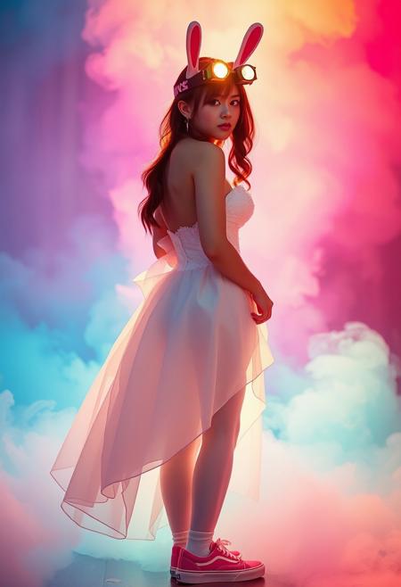 colored mists illuminated by shining headlamps of D.Va woman cosplay, showing cute ass, looking over shoulder, exposed breasts, brightly-lit, PA7_Human-Likeness <lora:DETAIL_SLIDER_BY_STABLE_YOGI:0.65>, <lyco:bunny_wedding_dress-10:0.35> wearing wedding princess dress, long white stockings, (((wearing pink Vans_Authentic deck sneakers))), visible full body, visible sneakers, detailed sneakers