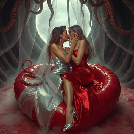 Two ladies, an evil powerful mature slender supermodel lady in a whorish red glossy satin camisole and a innocent weak young blonde bride in a silver foil fitted camisole, passionately kiss, entangled in long tentacles, on a glossy slime-covered giant heart-shaped bed, covered with giant ultrathin transparent slime veil, under streaming tentacles canopy, weird alien hive slime walls and fleshy floor, fog from the floor, giant portal to outer space at background,  reminiscent of H.R. Giger, Zdzisław Beksiński, and Ash Thorp's dark, sleek styles, with close-up glamour photography, glossy satin and silver heels glistening, fleshy slime dripping, and dark shadows.