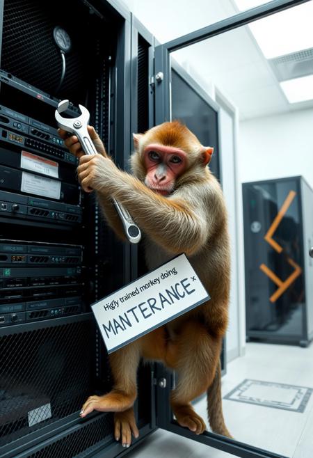 a monkey hitting a server rack with a wrench, the pow is behiad a glass door and a sign on the pommel recite "Higly trained monkey doing MAINTENANCE"