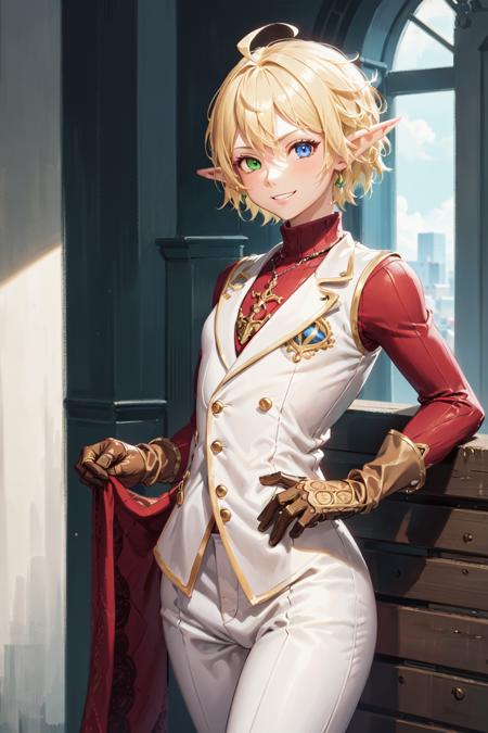 highres, sharp focus, pixiv masterpiece, ((intricate details)), highly detailed, pointy ears, heterochromia, solo, blonde hair, gloves, smile, green eyes, blue eyes, ahoge, looking at viewer, 1girl,  short hair, red shirt, vest, long sleeves, brown gloves, white pants elf, dark skin, full body,  <lora:Aura_Overlord_1_0:0.8>, female,