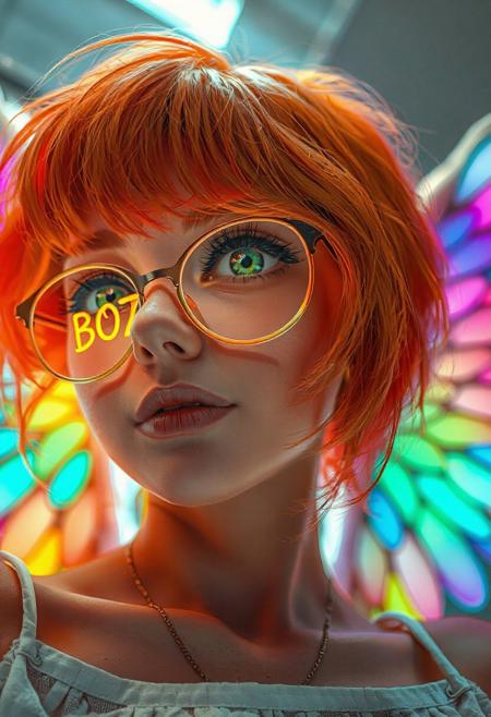 words on glasses "GOT" "BUZZ",
masterpiece, best quality, good quality, very aesthetic, absurdres, newest, 8K, depth of field, focused subject,
 close up, stylized, in gold and neon shades, wabi sabi, 1girl, orange hair, green eyes, rainbow angel wings, dynamic angle, from below, from side, relaxing