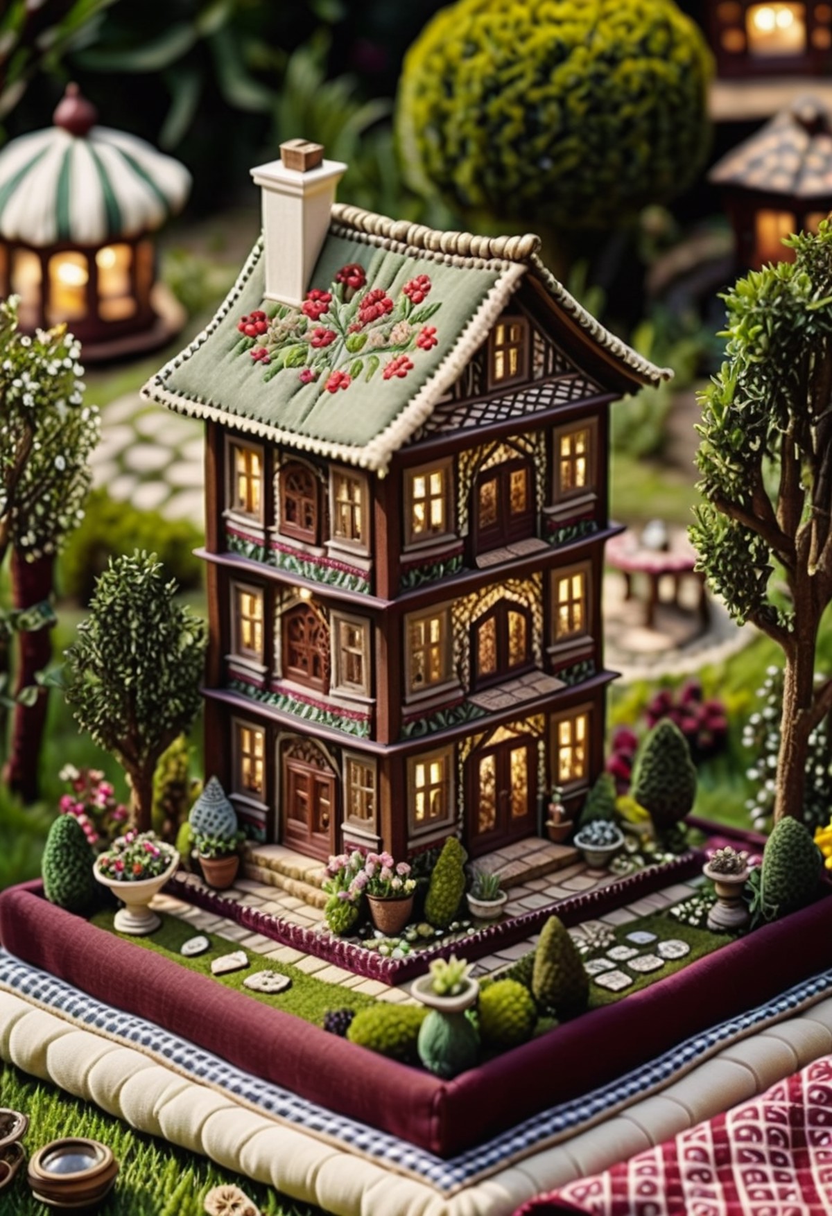 cinematic photo a miniature of a house, made entirely out of fabric and intricately stitched together, sits in the center ...