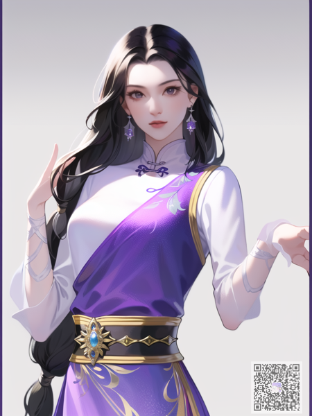 <lora:sowrd_and_fairy_linyueru_lora_v1.0:1> linyueru \(sword and fairy\), 1girl, solo, black eyes, detailed eyes, beautiful eyes, hair ornament, long hair, black hair, earrings, jewelry, medium breasts, purple dress, long sleeves, chinese clothes, purple clothes, purple footwear, upper body, lips