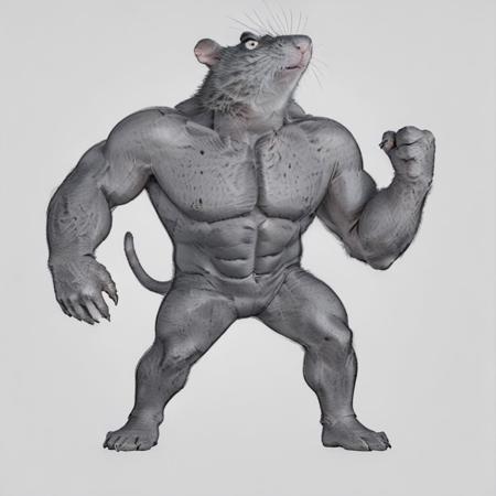(roided randal:1.1), kneeling, on kneel, (arms up, hands up:1.1), full body, angry, screaming, tongue out, open mouth, white background, anthropomorphic rat, muscular, no human