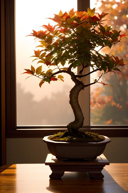 Colored leaves,Trees with autumn leavesãBeautiful autumn leaves,Ultra-exquisite details, intricate detailes, Cinematic, Hyper Real Soft Light, Sunset lighting, Diffuse Soft Light, Shallow depth of field, Sharp focus bokeh, Ray tracing, Subsurface scattering, Super Detail, (meticulous, Super refined) , Surreal realism, Bonsai on the windowsill, evening, Sunset, Bonsai illuminated by the setting sun, plant, potted plant, still-life, Autumn, Autumn leaves, stone garden, potted plant, Haze, masters , Award-Winning Works