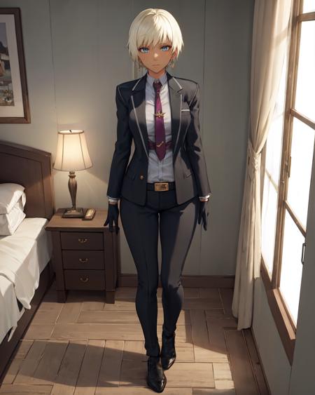 best quality, (masterpiece:1.2), illustration, absurdres,  
(1girl, solo, beautiful detailed girl), full body,
<lora:Naje-08:0.9>, Naje Berca, blonde hair, short hair, blue eyes, medium breasts,  
black suit, black gloves, purple neckwear, jewelry, earrings,
stoic, calm,  looking at viewer,
inside hotel room, bed, nightstand, window, curtains, flower vase, lamp,
agura,