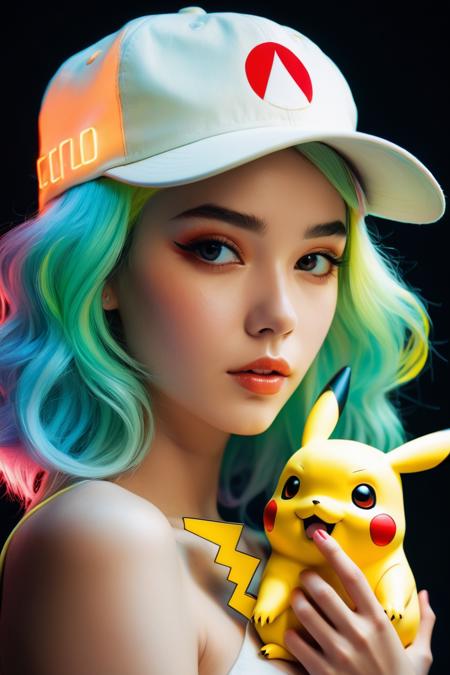 anime_artwork, grand_photograph, polaroid, 1girl with cap loving a pikachu, neon_glowing_hair, canon_5d_mark_4, neon_light, kodak_ektar, flamboyant, pastel_colors, curved_lines, elaborate_detail, art by j.c. leyendecker, nsfw