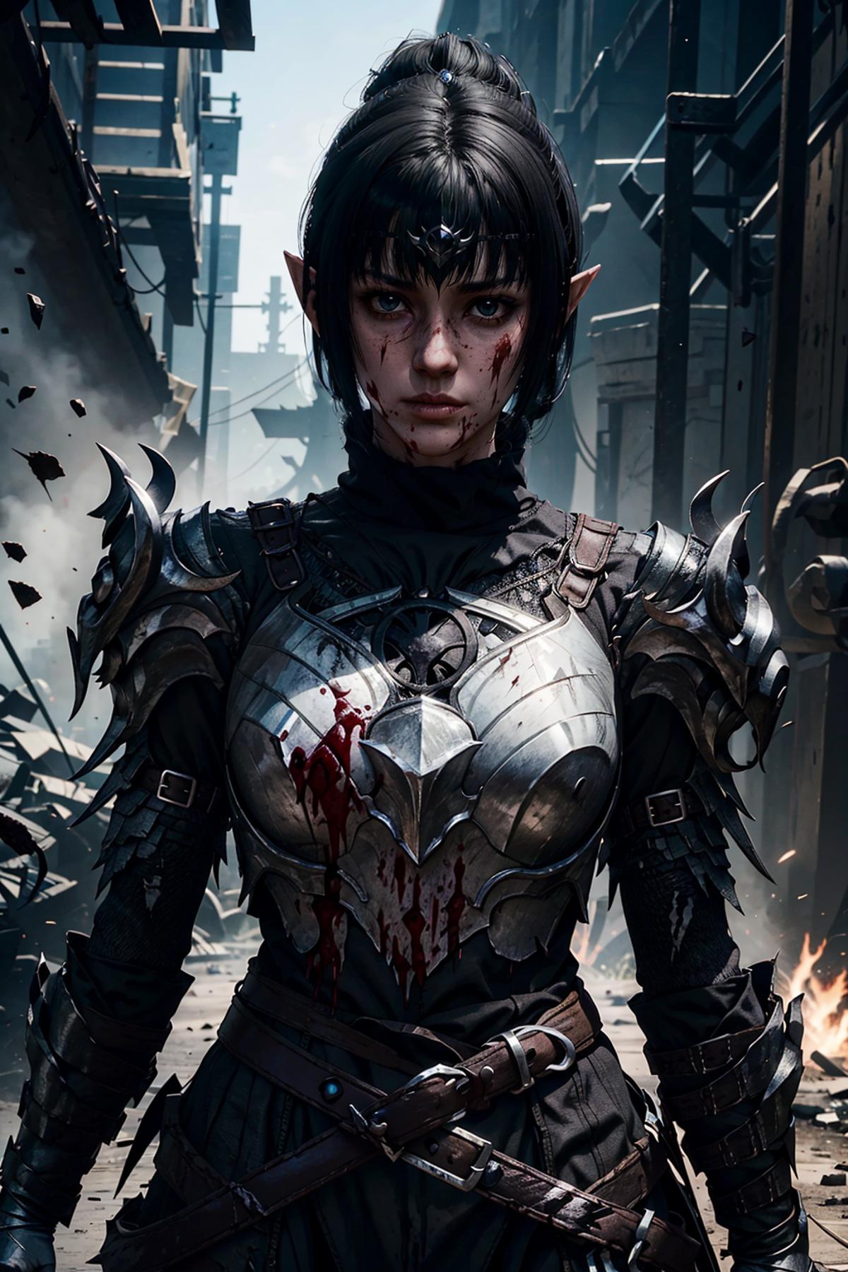 ShadowHBG, 1 girl, black hair, pointy ears, shining armor, battlefield, blood dripping from face, <lora:ShadowHBG:0.7>