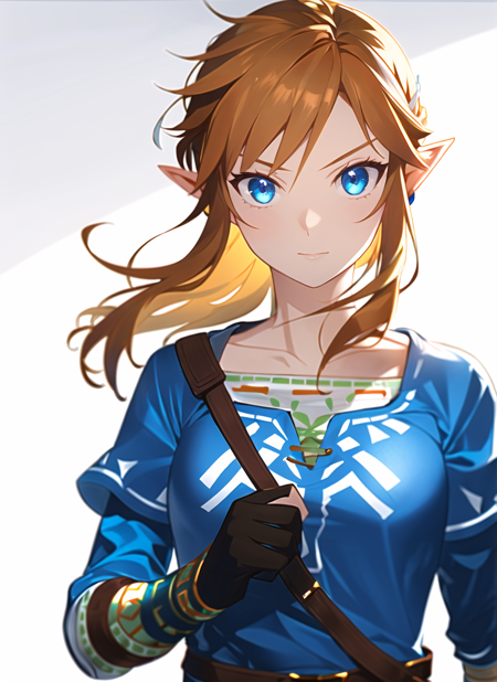 link, the legend of zelda, the legend of zelda: breath of the wild, 1girl, blonde hair, blue eyes, gloves, long hair, female focus, pointy ears, ponytail, solo,  ((masterpiece)) <lora:link_offset:1>