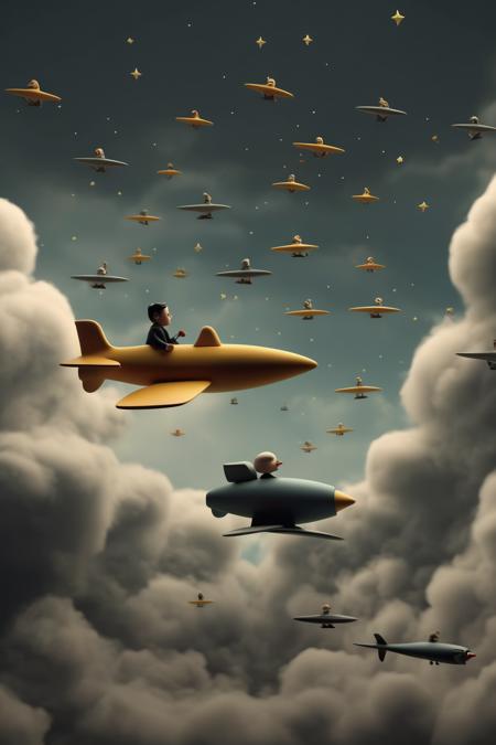 <lora:Alex Andreev style:1>Alex Andreev style - side-profile view many cultists sitting in toy airplanes chasing a bird with a star-shaped beak, moody atmosphere, clouds, 4k render, in the style of Genndy Tartakovsky