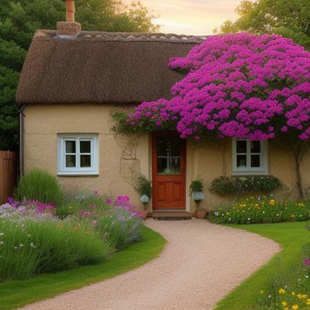 A cozy countryside cottage surrounded by colorful flowers, with a clear blue sky and a warm sunset in the background. A stone path leads to the front door, and a cat naps on the porch