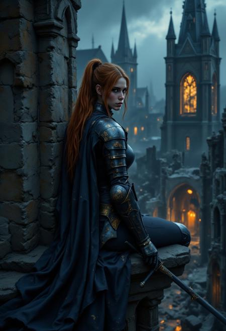 Dark and moody yfg-daak. A digital illustration from a worm’s eye view of a knight girl perched on a gothic cathedral gargoyle, overlooking a ruined city below. Center stage is a solemn female knight in obsidian armor with gold inlays, her long auburn hair tied back. She holds a long lance vertically, its tip reflecting ambient light. Her armor is dented, and her expression is focused and melancholic. The background features broken spires and fog-covered ruins under a deep blue twilight. The color palette is moody with navy, charcoal, and muted gold. Light softly glows from broken stained-glass windows behind her. The style is realistic and dramatic, merging medieval and fantasy aesthetics.
aidmafluxpro1.1