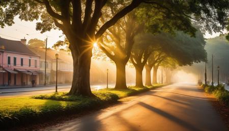 ((RAW Photo, 32k Ultra hd, HDR 10+, extraordinary intricate detail, shallow Depth of Field,)) (masterpiece:1.3) (best quality:1.3) ((Hasselblad, fujifilm xt3)), The image captures a serene and atmospheric street scene bathed in the warm, golden light of sunrise or sunset. The sun's rays pierce through the foliage of lush, leafy trees that line the road, creating a striking interplay of light and shadow. Veils of mist or dust are illuminated by these sunbeams, adding a dreamy quality to the scene. The street itself is quiet, suggesting a moment of daily life in a tropical or subtropical region. The tranquil mood is palpable, with the soft natural lighting and the sense of a slow start to the day. Despite the inclusion of modern elements like power lines and pavement, the image evokes a timeless quality, and the natural elements suggest a closeness to nature even within a built environment. deep rich vibrant color scheme, cinematic, ultra hd, Masterpiece, best, perfect, ultra quality, best quality, vibrant colors, atmospheric, photorealistic, photoreal, elegant, , hypermaximalist, expensive and luxury, detail, unique shot, cinematic feel, very sharp and clear image, ((hyper-realistic, exquisite detail, intricate detail, super-resolution, super sharp, UHD, super resolution:1.5, hdr, intricate, highly detailed, sharp focus, ((((cinematic look)))), insane details, intricate details, hyperdetailed, exquisitely sharp photo, hyperrealistic, incredible detail, incredibly sharp focus, extraordinary intricate detail, shallow Depth of Field, sharply focused, 8K texture