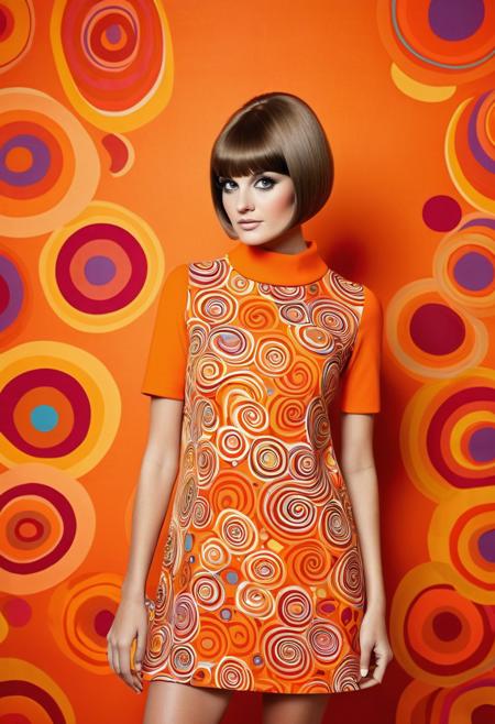 She mod mini dress, psychedelic swirls on the dress, Twiggy-inspired haircut and a bold, vibrant hues, bold patterns, , swinging sixties, highly intricate, 60s, hyper detailed, photorealistic, (total orange background:1.4)