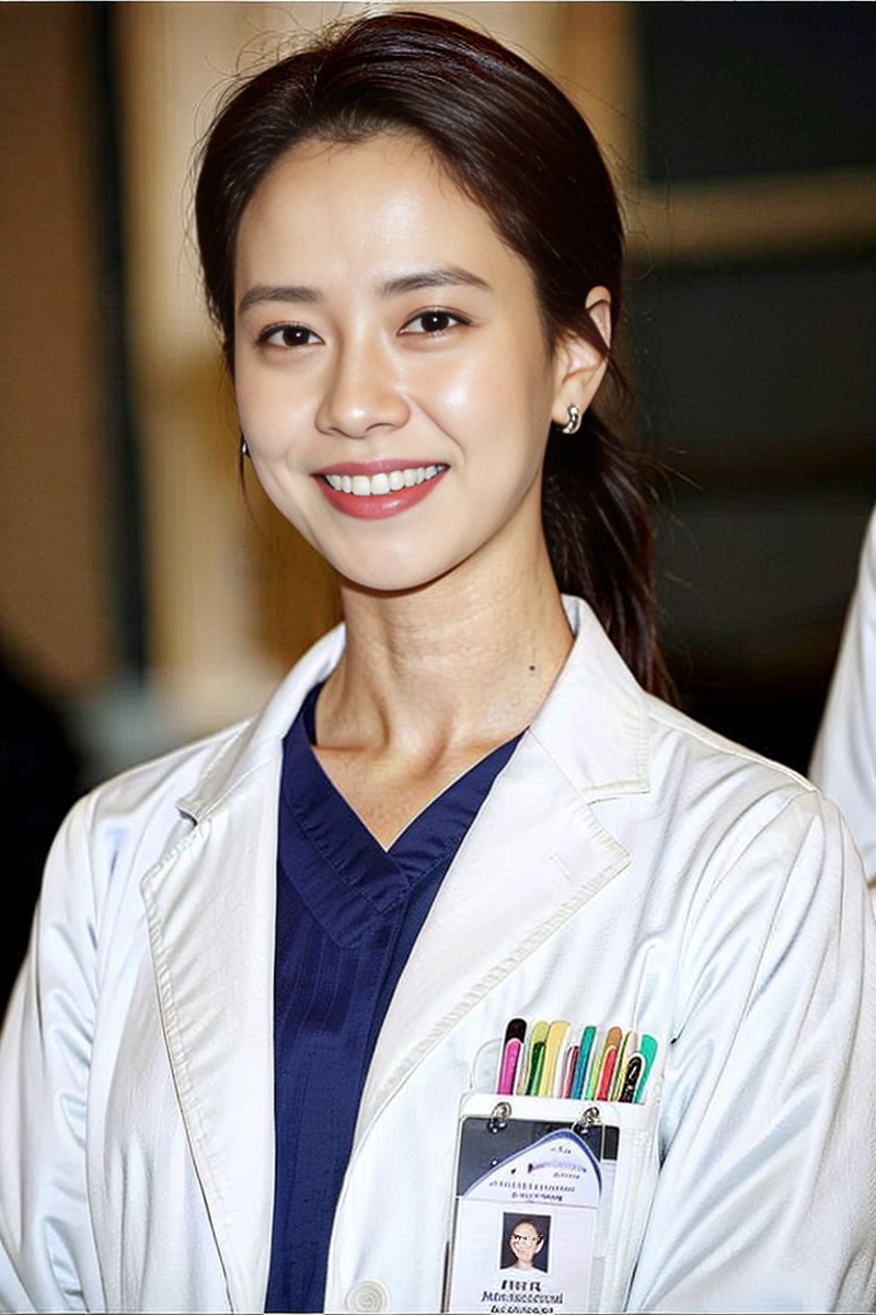 a woman in a white lab coat smiles at the camera with a badge on her left shoulder and a name tag on her left arm