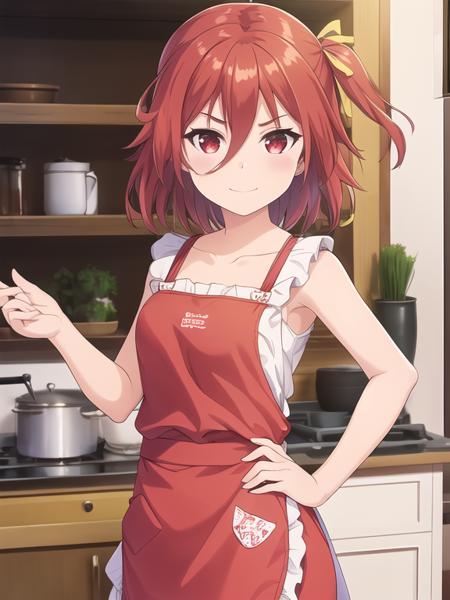 best quality, (masterpiece:1.2), highly detailed, (masterpiece), (illustration),
kitchen, indoor,
standing, face focus, face, upper body,
nuke apron, collarbone, small breasts, sleeveless,
solo, 1girl, red eyes, red hair, hair between eyes, sparkle, (one side up:1.2), hair ribbon, glint, lens flare, short hair,
shy, blush, (looking at viewer), smile,
<lora:Akane:0.7>