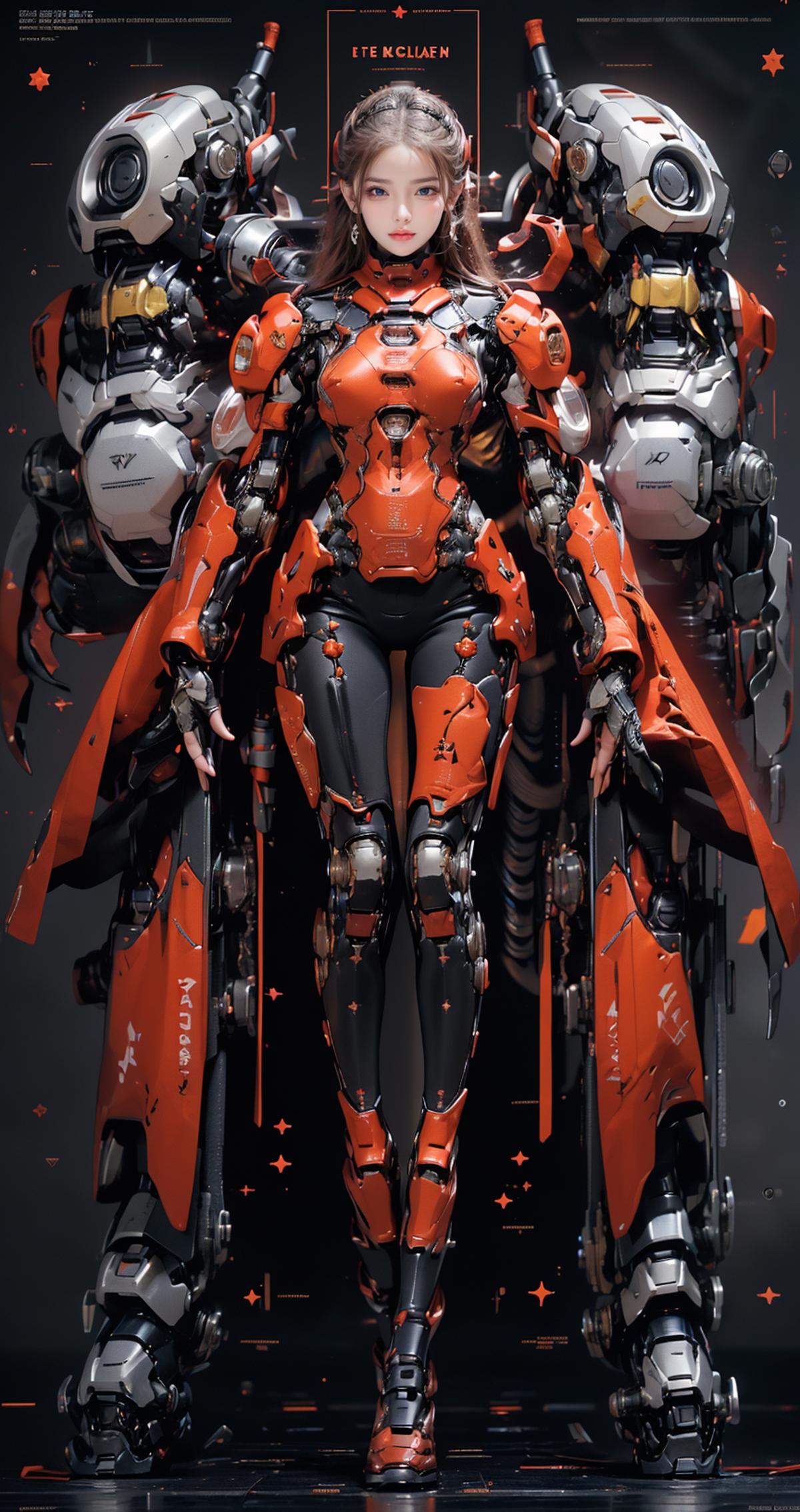 A woman in a red and black suit standing in front of two robots.