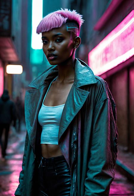 Craft a highly detailed cinematic full body portrait, capturing the essence of a character in a cinematic setting. (Bladerunner theme style)
Ambiguous Figure .
African .
Expression: Bold and Daring .
Hair Style: Undercut and Edgy .
Hair Color: Pink Pastel .
Eye Color: Enigmatic Gray .
Cinematic Hero .
Cinematic Location Cyberpunk Alley .
Cinematic Lighting Sci-fi Holographic .
Icy and Frigid .
Skin Detail: The skin exhibits ultra-detailed features down to the pores, capturing every nuance and texture with precision.
<lora:add-detail-xl:1> <lora:sdxl_offset_example_v10:1>
