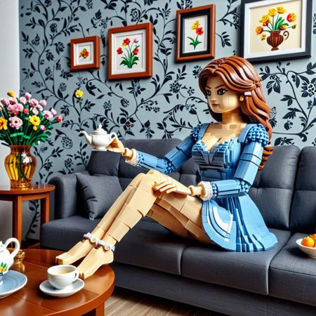 expert Lego set, solo, absurdres, 1girl, breasts, gluteal fold, cute, hands, touching teacup, full body, feet, side view, teapot on table, 1female sitting on sofa, full sleeve dress, beautiful indoor background, vase, flower, couch, wall decoration, best quality, detailed image, 4k, 8k