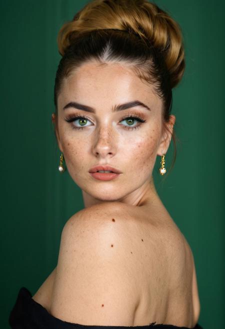 beautiful lady, (freckles), sultry pout, Green eyes, Salon styled updo hair, dark makeup, full pouty lips, large eyes, hyperdetailed photography, soft light, head and shoulders portrait, cover