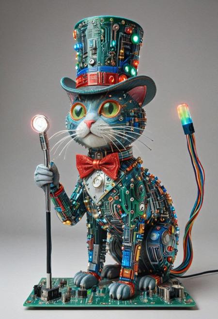 embedding:lazmpos, Transistors, pcb_style, LED, colorful LED lights, RGB lights, red green and blue cat, art deco, top hat, cane, monocle,RetroBG