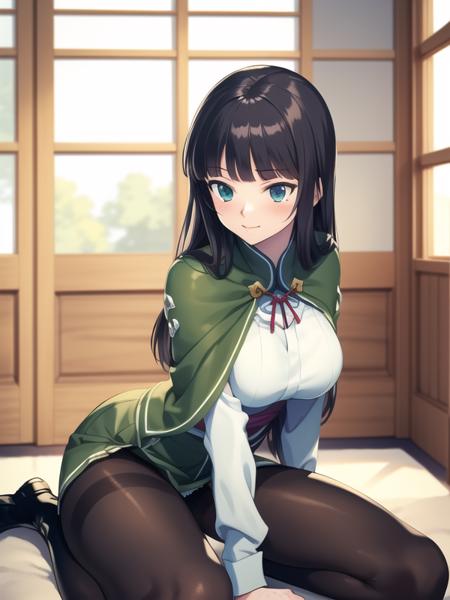 kasugayama,green capelet,white shirt,green skirt,black pantyhose,long boots,long hair,