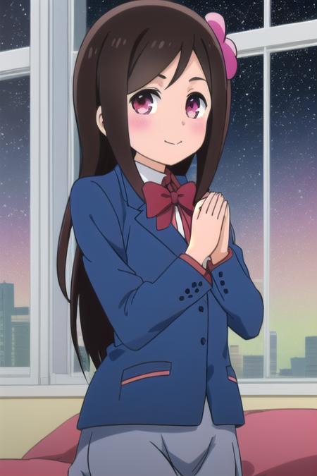 (8k:1.0), masterpiece, hitoribocchi no marumaru seikatsu anime lineart, hitoribocchi no marumaru seikatsu anime colors,

bocchi hitori, (nice_hands:1.2), perfect scenery, perfect anatomy, (perfect body:1.2), perfect face, (perfect_hands:1.2), (perfect_fingers:1.2), happy face, blushing, closed mouth, red cheeks, standing inside of the bedroom with one window, night sky, city on background, sky full of stars, front view, view from front, (looking at viewer), upper body,

1girl, solo, bocchi hitori, long hair, dark brown hair, bangs, one side up, hair flower, pink eyes, blue blazer, long sleeves, white colar, red bowtie, long grey skirt, black socks, white and red uwabaki, bocchi