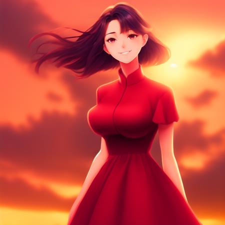 Anime, Pretty Woman in Red Dress, Sunset Horizon, looks towards the camera and smiling, studio Ghibli, anime key art by Greg Rutkowski, Bloom, dramatic lighting, bloom, medium shot, mid-shot, highly detailed, trending on Artstation, 4k, cinematic wallpaper by Stanley Artgerm Lau, WLOP (to8contrast style:1) <lora:theovercomer8sContrastFix_sd21768:0.6>  <lora:johnsondesuv2-320-e1:0.6>