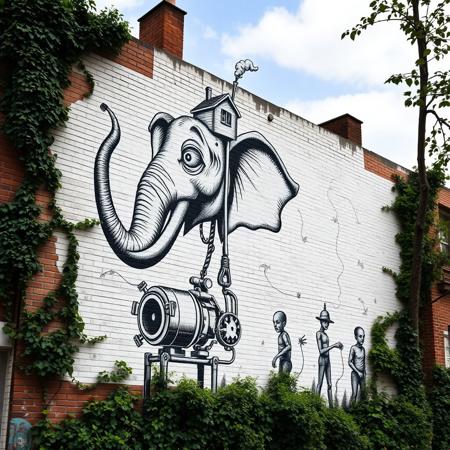 Brick wall in an overgrown urban environment, 
surreal black-and-white mural spans the side of a building, featuring an imaginative creature with exaggerated, whimsical features. The central figure resembles a fantastical elephant-like beast, with elongated horns, drooping eyes, and a pipe-like trunk emitting smoke. A small house perches atop its head, with a person engaged in a curious activity involving a rope. Below, other humanoid figures appear to be operating a machine that connects to the creature, adding an industrial, mechanical vibe to the scene. The intricate crosshatching and detailed textures give the artwork a hand-drawn, storybook quality, blending fantasy and absurdity. The mural's quirky and dreamlike composition transforms the urban space into an intriguing narrative landscape.
graffiti, mural, hyper-realistic, vibrant colors, bold letterforms, 3D design, urban art, intricate details, vivid gradients, sharp highlights, contrasting shadows, abstract influences, electric palette, sculptural effect