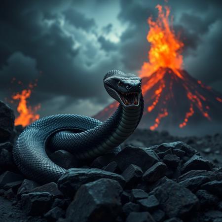 portrait, masterpiece, 4k, ray tracing, intricate details, highly-detailed, hyper-realistic, 8k RAW Editorial Photo. Show a demonic black snake crawling over rocks in a dark setting with erupting volcano in the background and dark clouds. 
a beautiful busty, stunning unique female character.Masterpiece, photorealism 
quality, clear great spectacular detail,