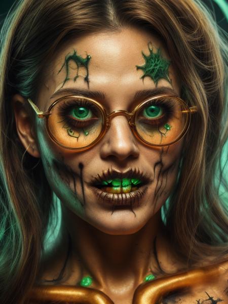 extreme (closeup:0.8) RAW photography, Pure golden eye beautiful Face of mythical (half angel:0.6399999999999999) (half devil:0.4600000000000001) lady (upclose:0.8) spooky and supernatural green patches on face with awesome (halloweentechto glasses) <lora:halloweenTech:0.96>, (scream:0.4600000000000001), (trick:0.4600000000000001), (ugly:0.4600000000000001), (abomination:0.4), (horror:0.4600000000000001), (teeth:0.4600000000000001), (smile:0.6), (treat:0.6), (cleavage:0.6799999999999999)