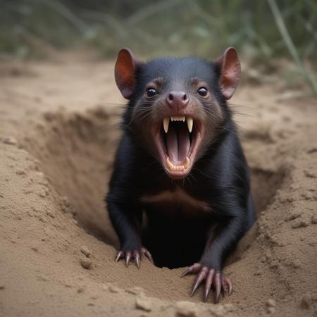 very realistic photograph of a rabid tasmanian devil coming out of its burrow