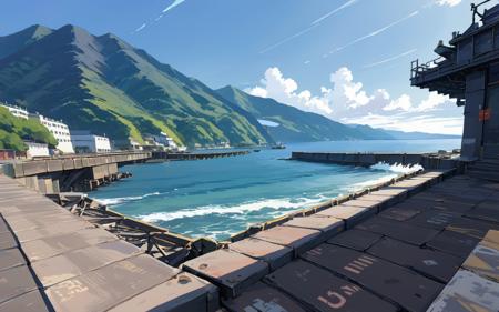 JP_concrete_pier concrete pier wave ocean tetrapod mountains town boat horizon island