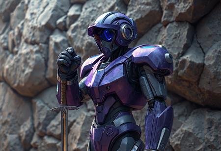 A hyperrealistic digital painting, 8K resolution, rendered in Octane and Unreal Engine 5. Style: Raphael meets Houdini, with a splash ink effect. Subject: A robot-like figure, predominantly purple and gray with blue and white accents, stands against a detailed rocky wall. The robot wears a helmet with a visor; its right hand grips a sword, while its left hand is raised in a dynamic gesture. Lighting: Captivating and dramatic, utilizing a Grammer effect. Composition: Impeccable, utilizing the Golden Ratio, with a creative angle and isometric perspective. Details: Super detailed face, eyes, and clothing; sharp lines and brushstrokes; harmonious, multicolored contemporary aesthetics. Background: A beautifully rendered matte painting of a rocky wall, providing a stark contrast to the robot. Overall mood: A blend of futuristic and fantasy, conveying vivid emotions and a powerful message. Keywords: ArtStation trending, CGSociety, high-res, 4K, exceptional quality, lifelike details, handcrafted precision, stunning colors, dynamic action pose, well-timed moment, hyperrealistic, masterpiece.