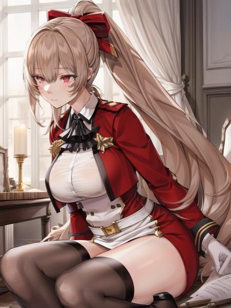 swiftsure,high ponytail,red hair ribbon, white shirt, red jacket, pencil skirt, black thighhighs, white gloves,