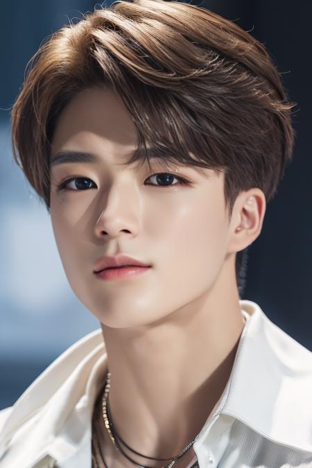 jenov2, facing front, (masterpiece, ultra quality, high resolution, 8k, intricate: 1.2), (detailed face:1.2), kpop outfit, handsome, medium length hair, detailed skin, pores, absurdres, 1boy, male focus, ((realistic)), good lighting quality,  ((pale skin)), brown eyes, stage background, perfect, <lora:jenov2:0.9>