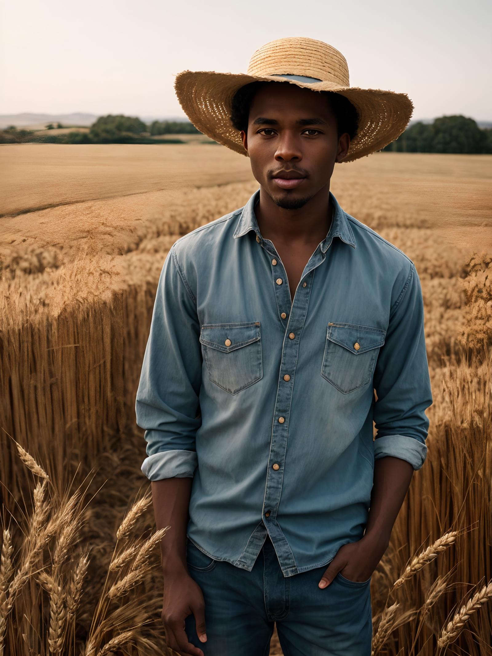 A young man in a blue shirt and straw hat poses in a wheat field.