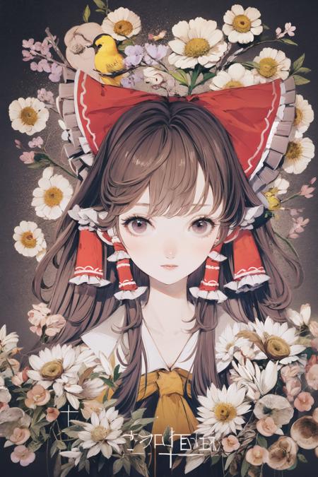 1girl, hakurei reimu, bird, flower, hair tubes, solo, bow, hair bow, bird on head, brown hair, long hair, looking at viewer, animal on head, branch, on head, red bow, purple eyes, lips,<lora:Yogisya:1>