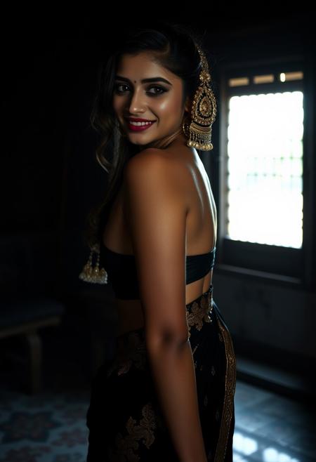 [(glamour photo), (RAW, 8k, uhd), (Canon 5D, 85mm F1.4, 1/1000s shutter, ISO 50), (highly detailed), (Full body portrait, (head to thighs), side view: 1.2), dramatic darkroom lighting, (((standing in a black surroundings haveli, backlit by sunlight coming through jail screens: 1.3))), an incredibly beautiful 20 yo young bengali model,  apsara, indian  beautiful, dark, mysterious, goth makeup, (smile), (revealing black and gold sari: 1.4), ((loose dupatta)), beautiful facial features, ((medium breasts: 1.35))]