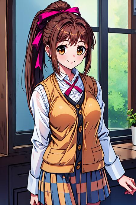 doukoku_chisa, brown eyes, brown hair, long hair, ponytail, ribbon, hair ribbon, blue jacket, school uniform, shirt, long sleeves, pleated skirt,