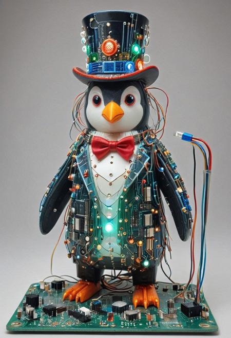 embedding:lazmpos, Transistors, pcb_style, LED, colorful LED lights, RGB lights, red green and blue penguin, art deco, top hat, cane, monocle,RetroBG