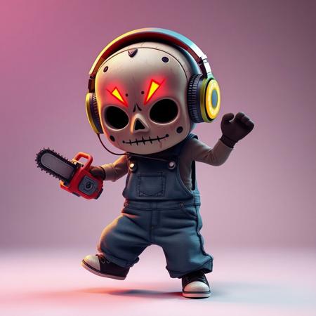 A cute leatherface character with exaggerated proportions, with a glowing tattered skin mask on the head, triangular eyes and nose, a hip-hop style loose overalls, wearing big headphones, holding a toy chainsaw, dancing hip-hop to the music, Flexible and playful