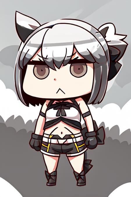 high quality, masterpiece, 1girl, black bow, bob cut, bow hairband, cel shading, clothes pull, cowboy shot, crosshatching, from above, gloves, grey eyes, grey hair, hairband, muscular female, obliques, shirt pull, short hair, short shorts, shorts, sweat, t-shirt, white background, bea \(pokemon\), hatching \(texture\), abs  <lora:April-Fools:1>