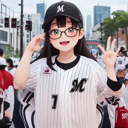 best quality, ultra-detailed, illustration,
chibalotteU, baseball uniform, baseball cap, 
1girl, solo, glasses, black hair, long hair, standing,  outdoors, street, city, cityscape, happy, laughing, smile, upper body, looking at viewer, 
 <lora:Chiba_LOTTE_MARINES_uniform_SD15_V1:1>